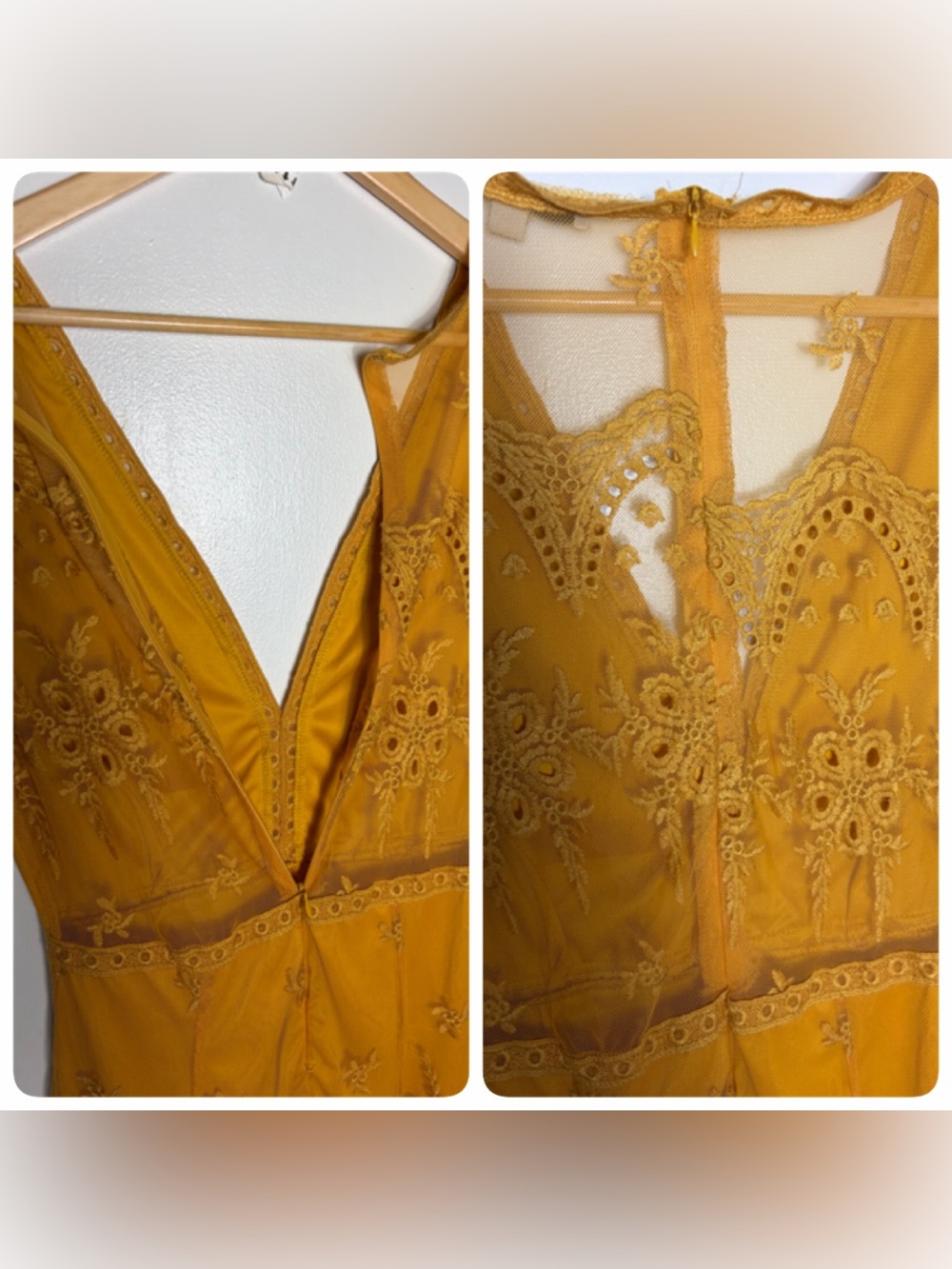 Haute  Monde mustard embroidered lace mesh v neck shorts romper size M - Picture 7 of 9